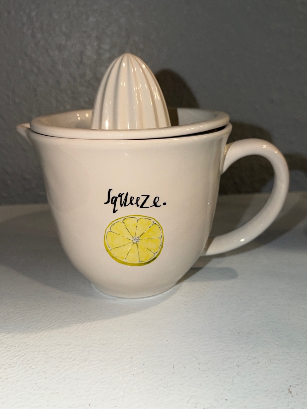 Rae Dunn Ceramic Lemon Squeezer Mug - White with Yellow Accent